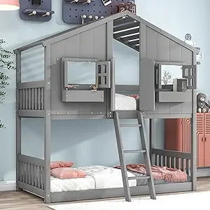 Floor House Bunk Bed with Roof and Window,Built-in Storage Box,Wooden Guardrails with Door/Ladder,Low Bunker Bed Twin Over Twin
