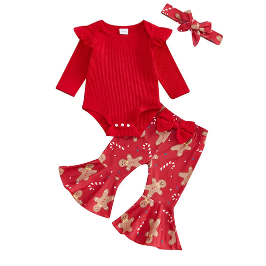 Baby Girl Christmas Outfits Solid Color Long Sleeve Romper Gingerbread Man Print Flare Pants Headband 3Pcs Clothes Set