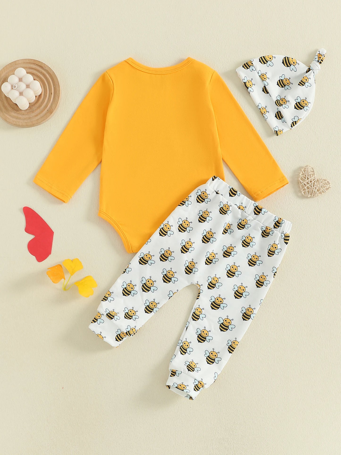 Autumn Baby Boy Girl Bee Costume Set with Long Sleeve Romper Elastic Waist Pants and Knotted Hat - 3 Piece Outfit
