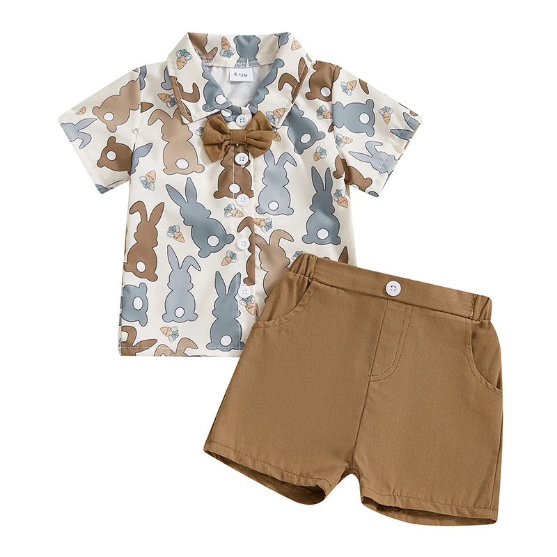 Easter Bunny Print Toddler Boy Short Sleeve Shirt and Shorts Set with Button-up Bow Tie and Elastic Waistband