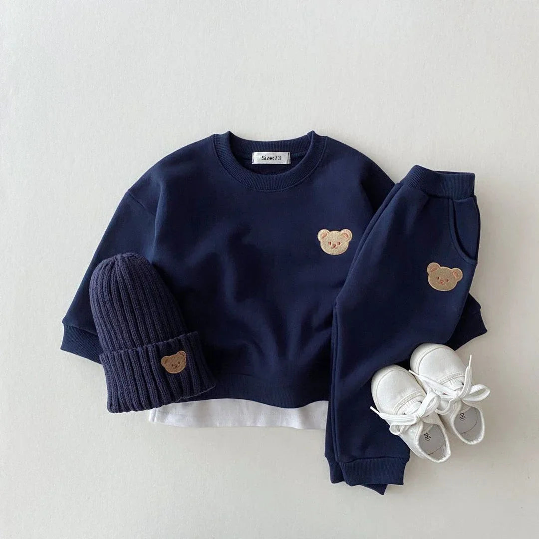 INS Newborn Infant Children's Cotton Bear Round-Neck Sweatshirt Sports Set Baby Casual Cartoon Two-Piece Set