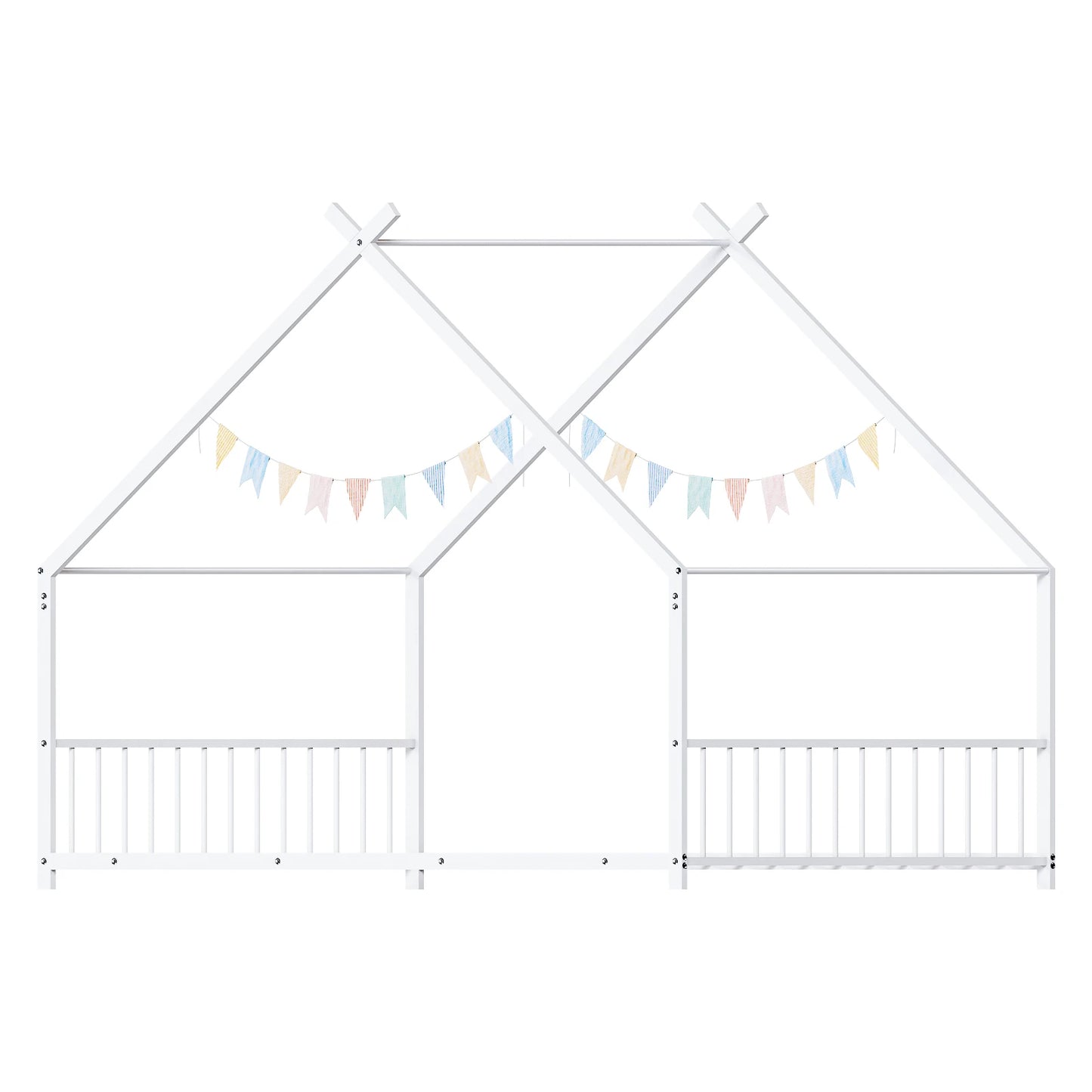 White Flat Bed House Shape with Side Guardrails Twin Children's Iron Bed