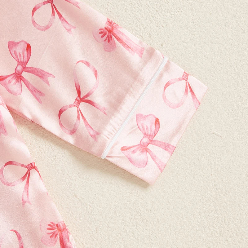 Adorable Baby Girl Silk Pajama Set with Cute Bow Print Stylish Long Sleeve Lapel Button Down Shirt and Matching Pants for Cozy