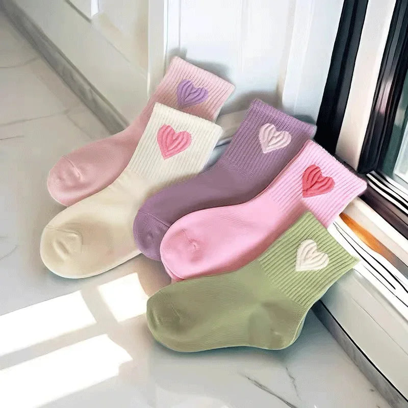 5 Pairs Baby Socks Toddler Soft Comfortable Breathable Heart Pattern Kids Footwear Elasticity Wrinkle - Resistant Athletic Socks