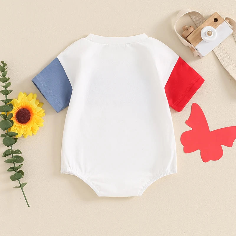 Infant Unisex Romper Sleeveless Round Neck Printed Stars and Stripes Jumpsuit for Memorial Day Celebration