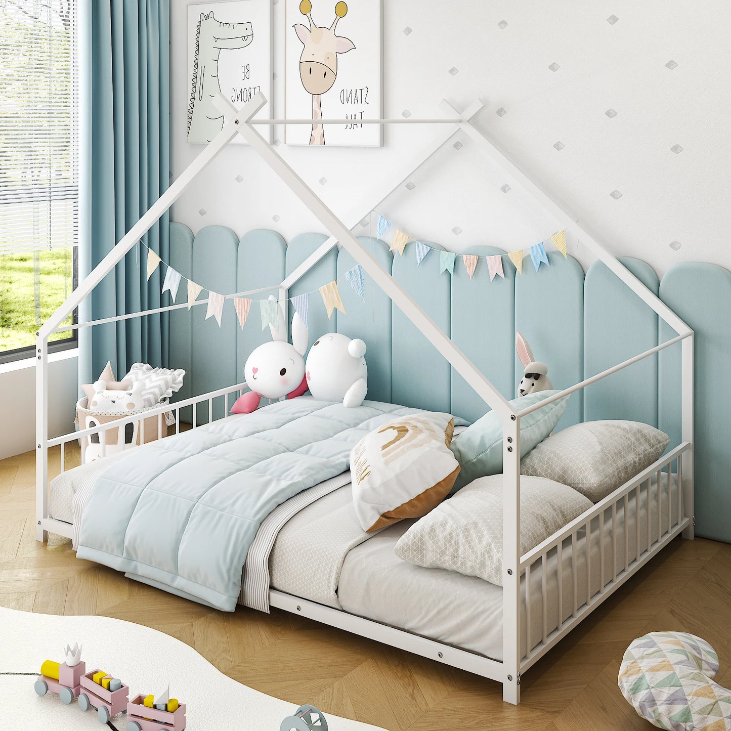 White Flat Bed House Shape with Side Guardrails Twin Children's Iron Bed