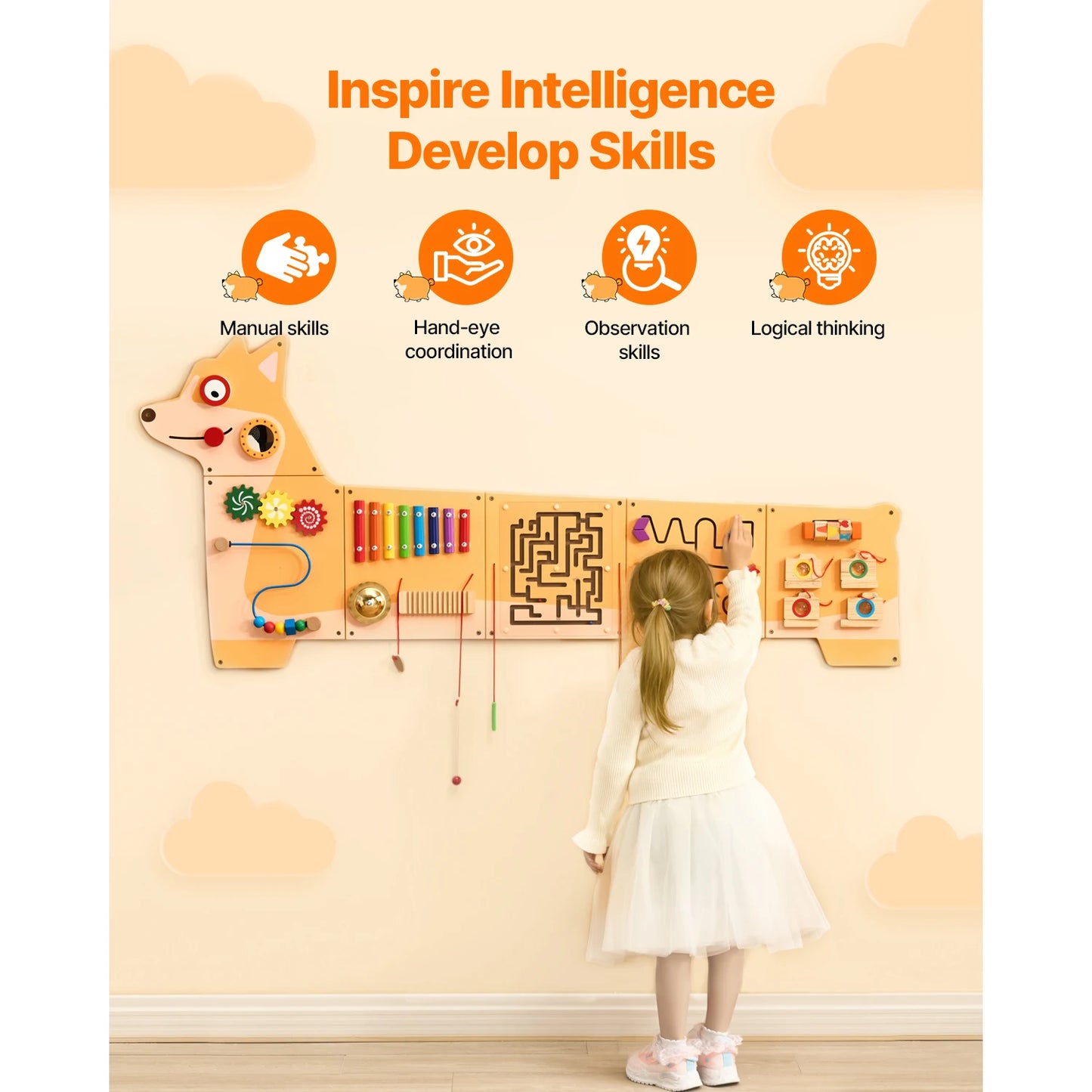 SucceBuy Puppy Kids Wall Busy Panels 12 Activities Board Montessori Sensory Learning Activity Center for Children Playroom Toys