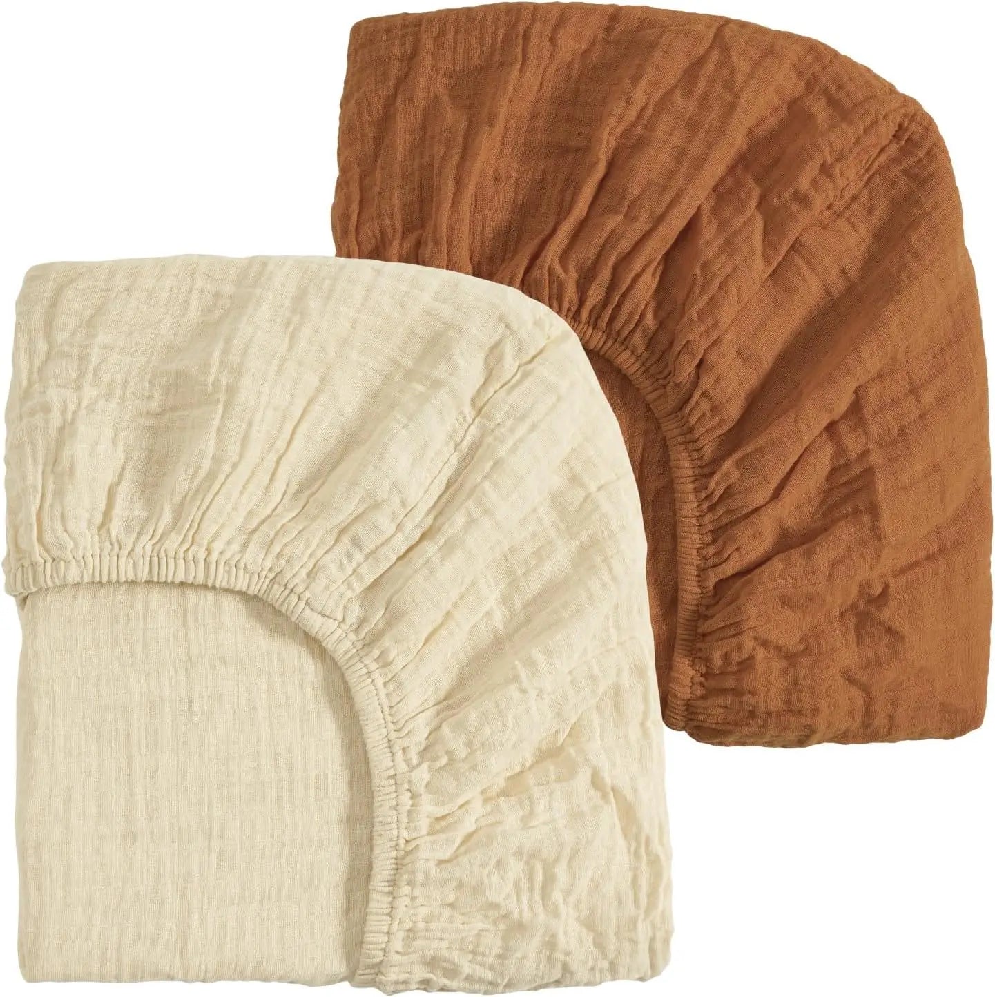 2-Pack Muslin Cotton Mini Crib Sheets for Boys & Girls, Soft Breathable Fit Pack N Play Mattresses in Beige & Brown