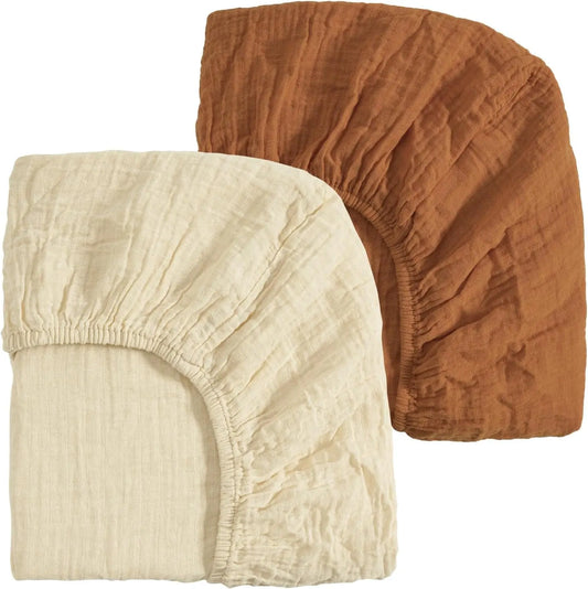 2-Pack Muslin Cotton Mini Crib Sheets for Boys & Girls, Soft Breathable Fit Pack N Play Mattresses in Beige & Brown