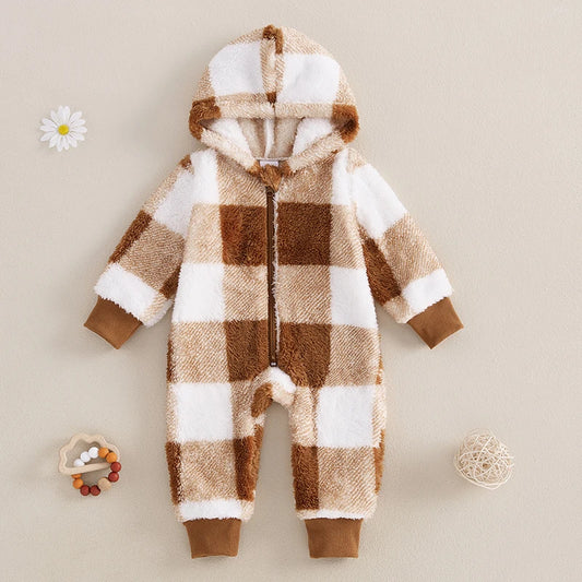 Toddler Striped Hooded  Soft Fleece Button-up Cozy Winter Romper with Pockets and Footies