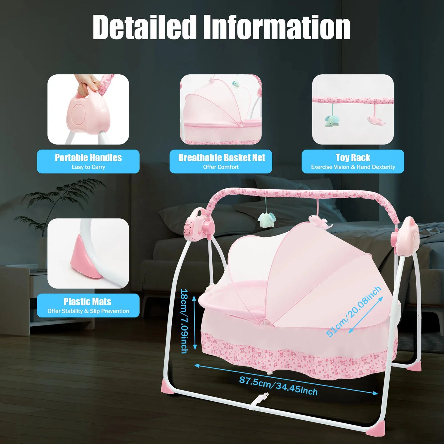 Electric Baby Crib Cradle, 0-18 Monthsinfant Bed, 25kg/55lbs Capacity, Foldable Baby Cradle Swing for Home/Travel（pink）