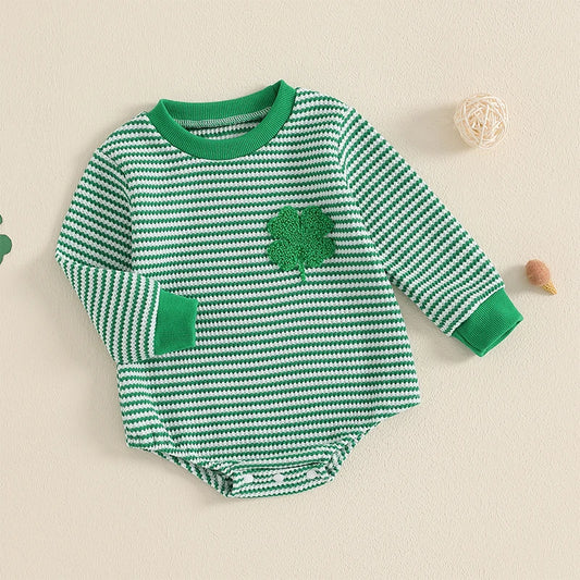 Infant Hooded Jumpsuit with Shamrock Print and Kangaroo Pocket Cozy Irish Baby Romper Long Sleeve  Sweatshirt