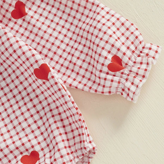Toddler Girl Valentine s Day Outfit Heart Print Romper with Ruffle Sleeves and Matching Headband Set for Baby Girls