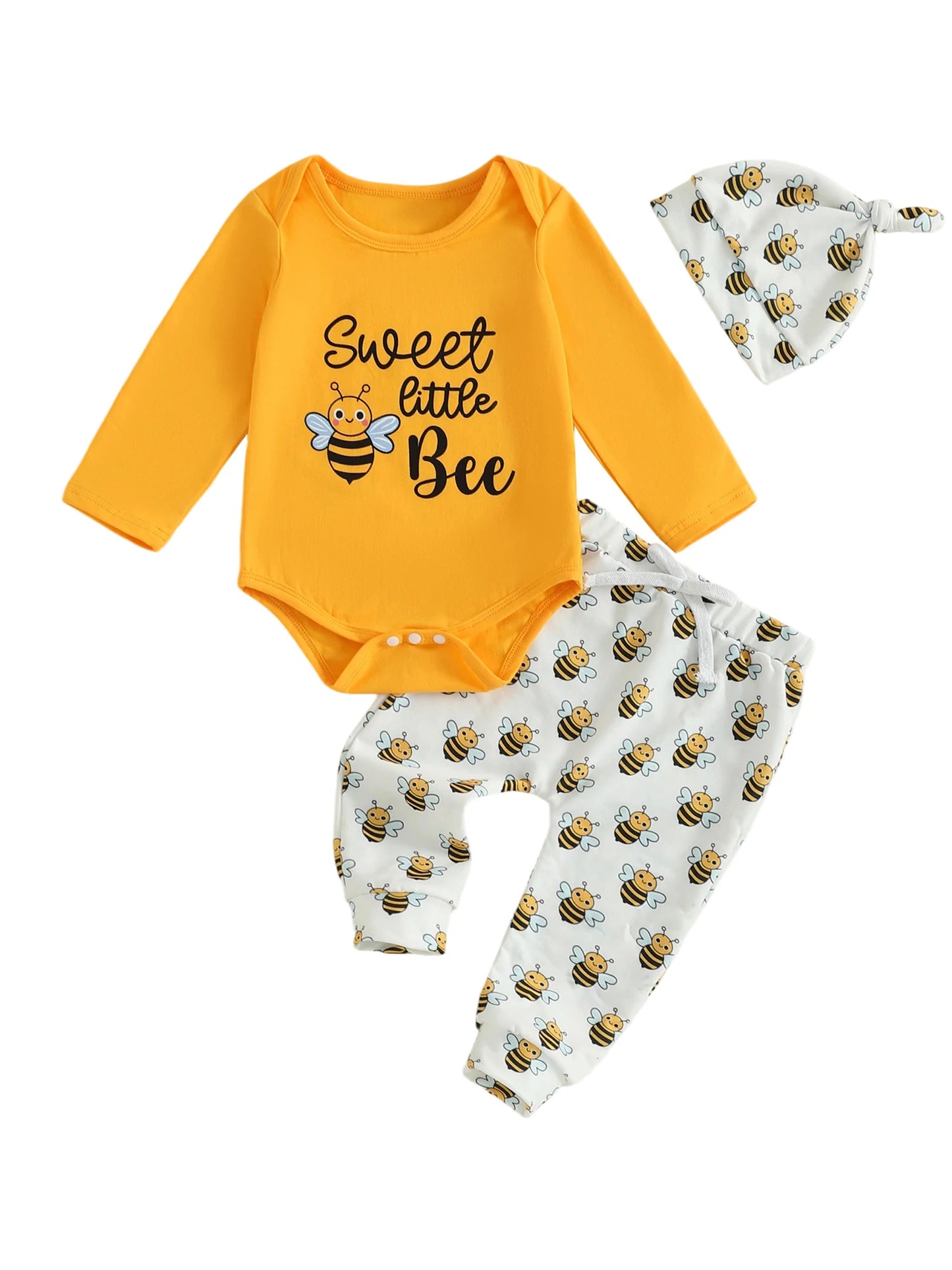 Autumn Baby Boy Girl Bee Costume Set with Long Sleeve Romper Elastic Waist Pants and Knotted Hat - 3 Piece Outfit