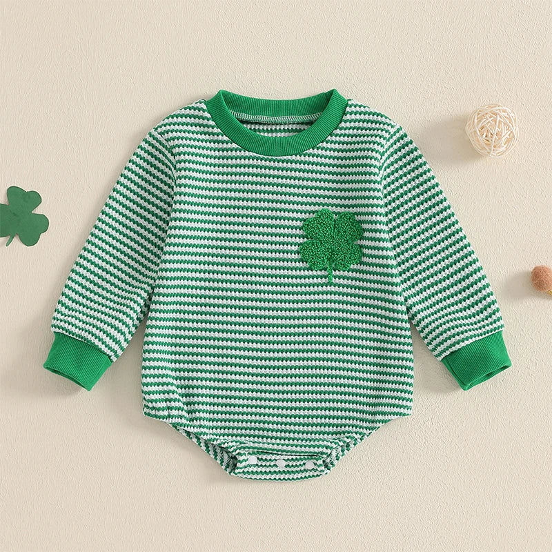 Infant Hooded Jumpsuit with Shamrock Print and Kangaroo Pocket Cozy Irish Baby Romper Long Sleeve  Sweatshirt