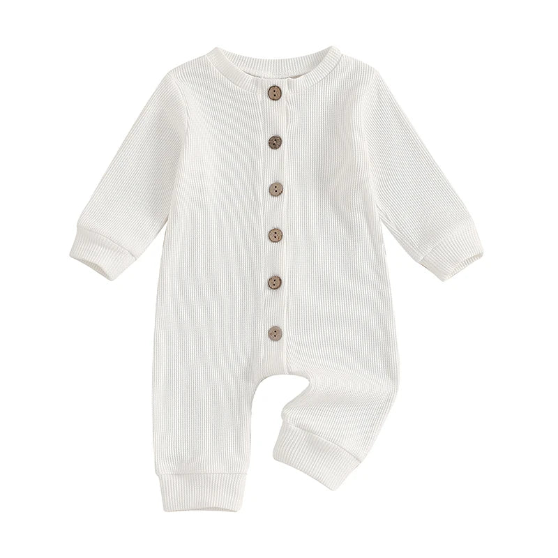 Infant Toddler Unisex Autumn  Soft Ribbed Texture Full Sleeve Round Neck Front Button Closure Playsuit