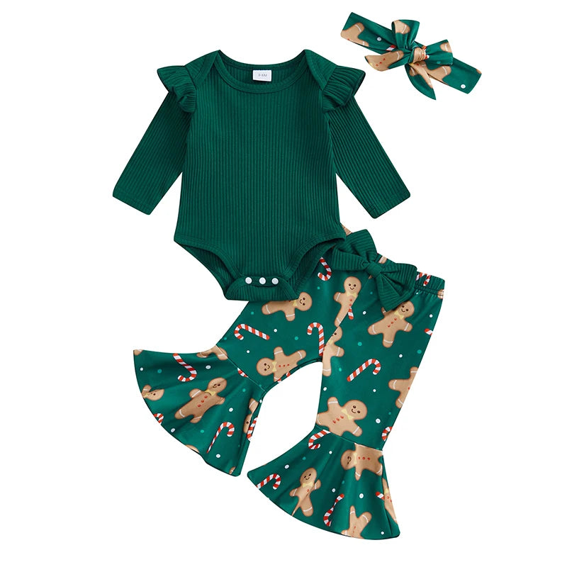 Baby Girl Christmas Outfits Solid Color Long Sleeve Romper Gingerbread Man Print Flare Pants Headband 3Pcs Clothes Set