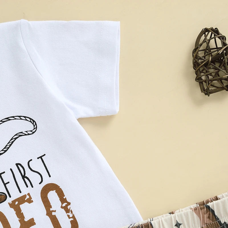 Infant Cowboy Style Shirt and Shorts Set for Little Boys Western Theme Outfit with Letter Print Tee and Boot Shorts 2 Piece