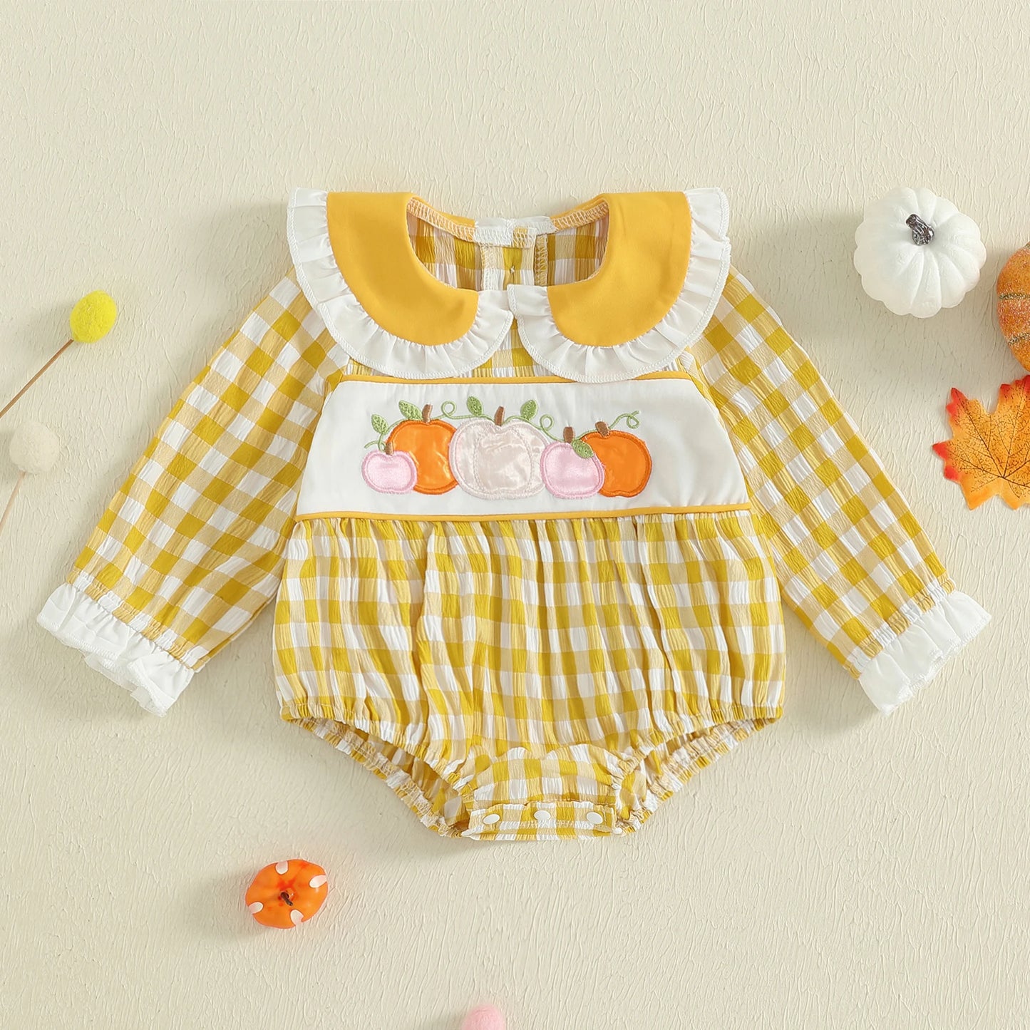 Adorable Toddler Girls Halloween Costume Pumpkin Embroidery Plaid Romper with Doll Collar and Long Sleeves for Infant Baby