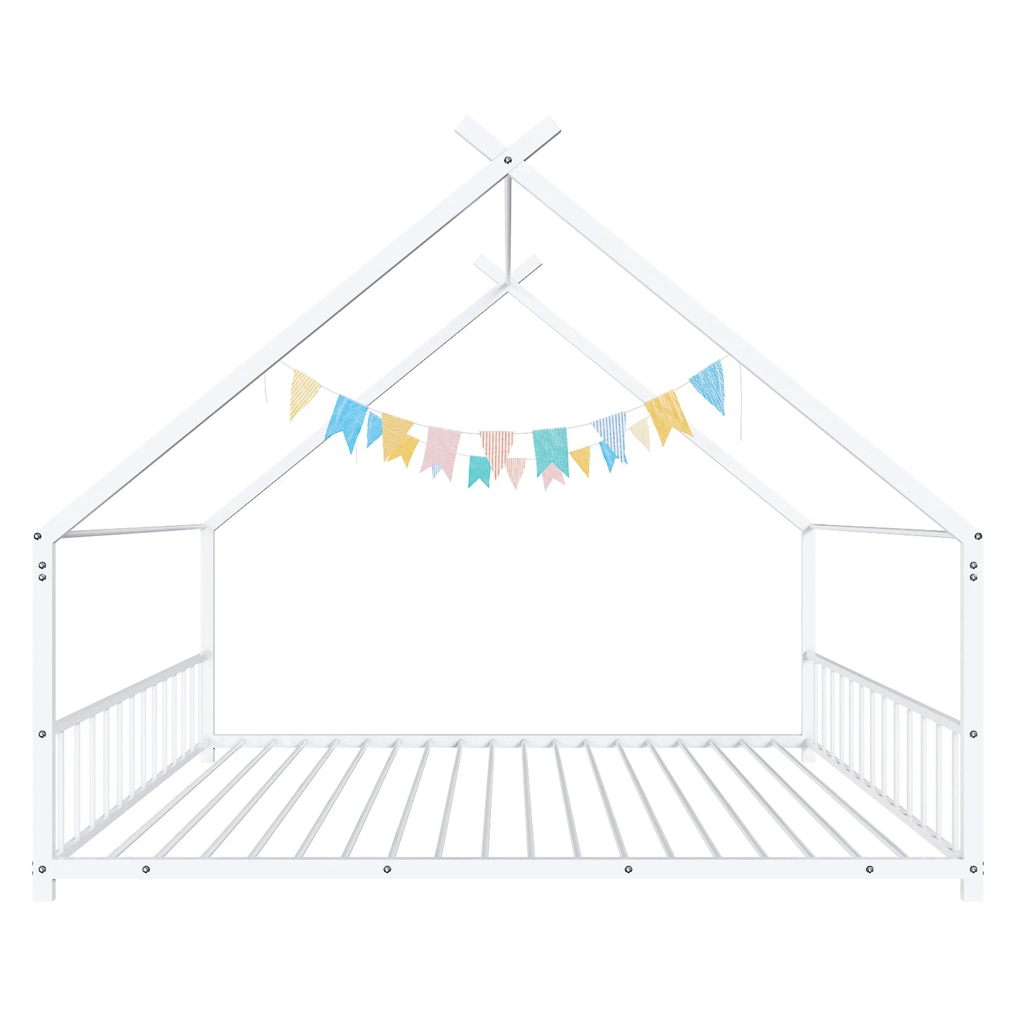 White Flat Bed House Shape with Side Guardrails Twin Children's Iron Bed