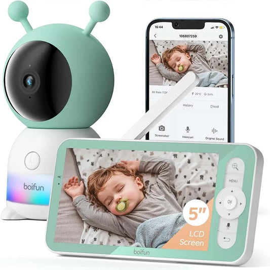 BOIFUN 2K 5" Baby Monitor Camera,  360° Rotation with Phone App, Colorful Night Lights,Motion Monitoring, Automatic Tracking