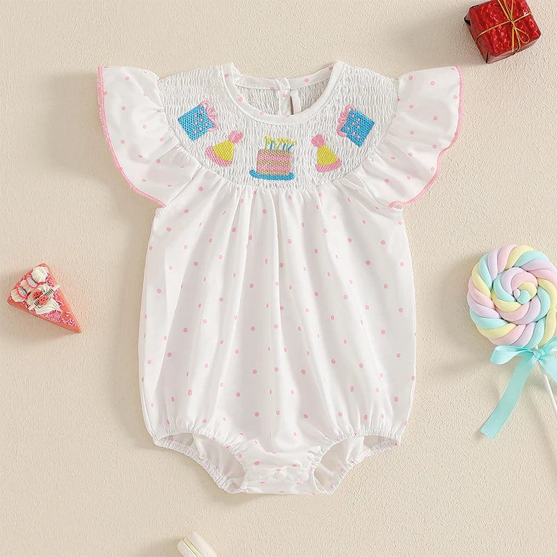 Adorable Baby Girls Rompers with Sweet Cupcake Embroidery and Flutter Sleeves - Perfect for Birthday Celebrations