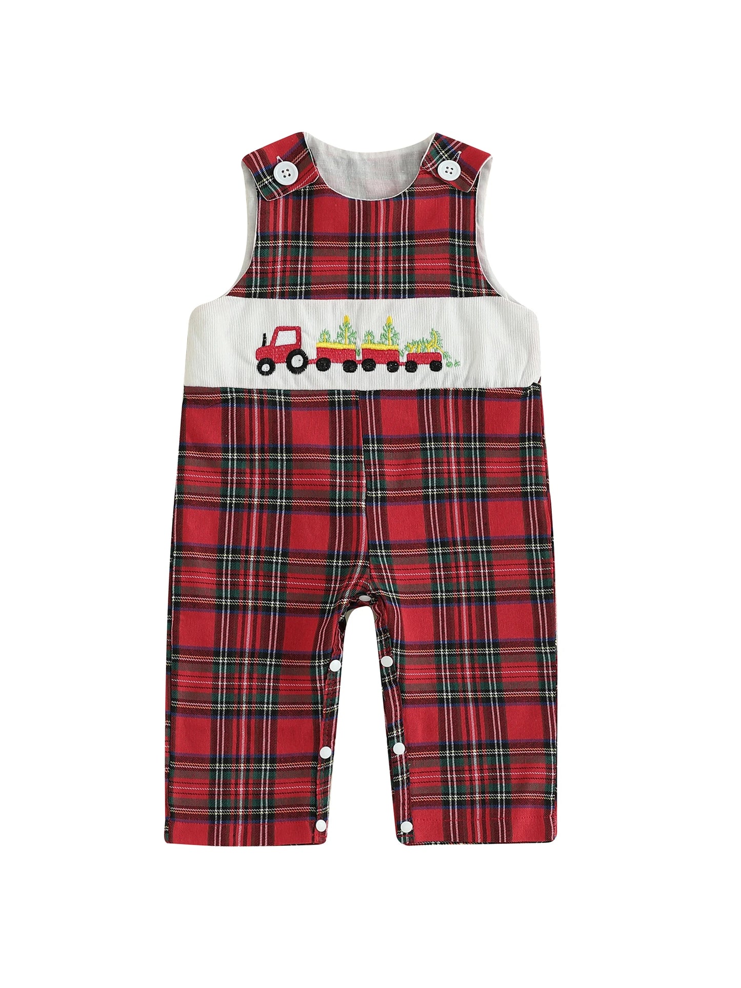 Baby Boy Christmas Romper Loose Fit Embroidered Plaid Crew Neck Sleeveless Infant Boy Jumpsuit