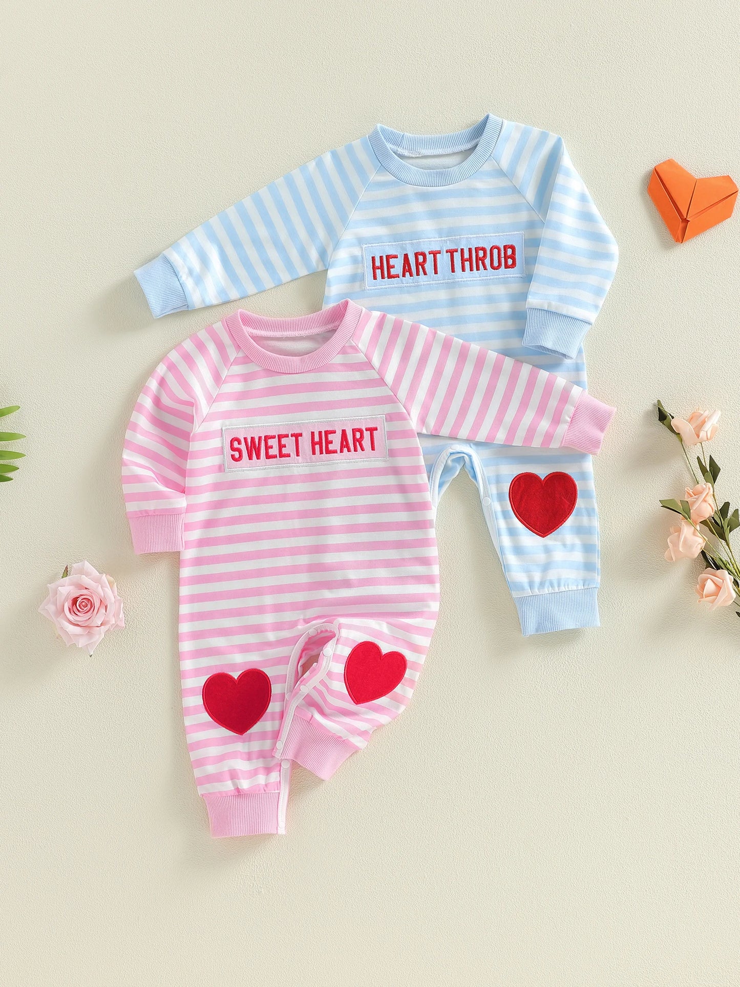 Infant Romper Stylish Long Sleeve Crew Neck Plaid Stripes Embroidered Jumpsuit for Baby Boys and Girls Cute Valentine s Day