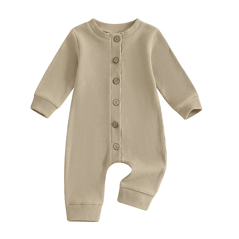 Infant Toddler Unisex Autumn  Soft Ribbed Texture Full Sleeve Round Neck Front Button Closure Playsuit