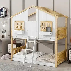 Floor House Bunk Bed with Roof and Window,Built-in Storage Box,Wooden Guardrails with Door/Ladder,Low Bunker Bed Twin Over Twin