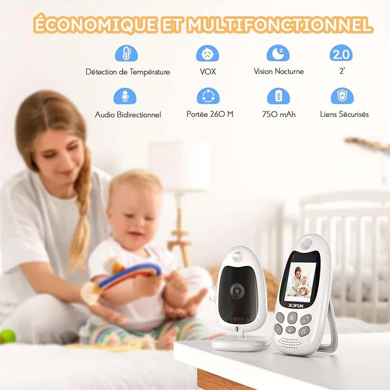 BOIFUN Baby Monitor with Camera Portable Vox Function Temperature Sensor Video 2.4 GHz Smart Standby 720p Bidirectional Voice