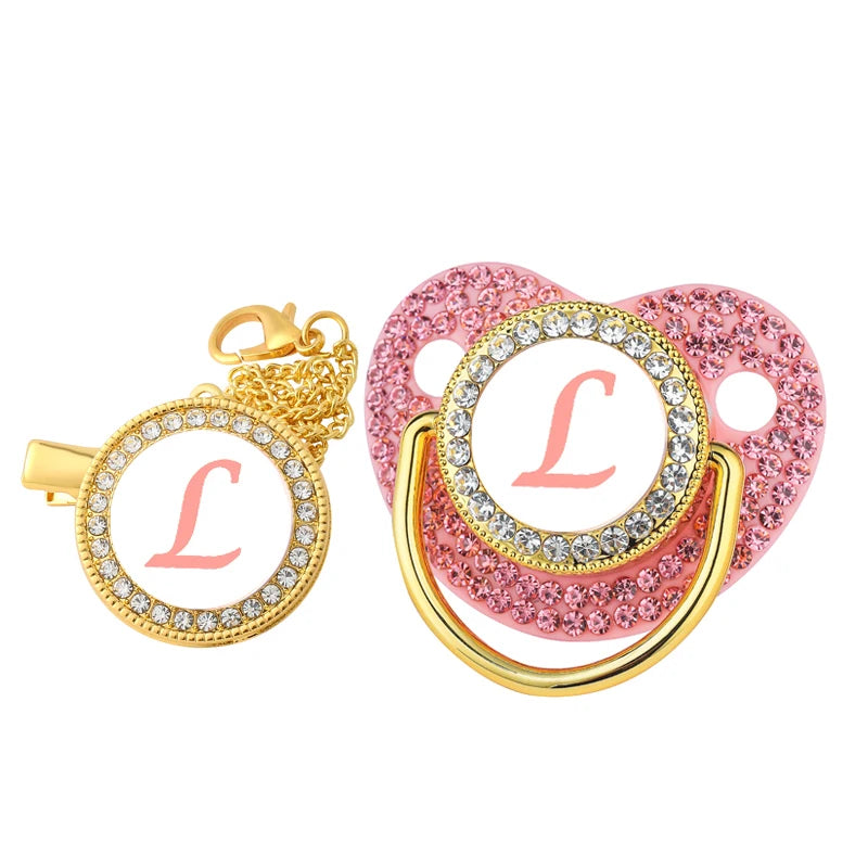 New Newborn Pacifiers for Babies Pink Rhinestones Personalized Pacifier Clip Lid Set 26 Name Initials Infant Nipple Teether Gift