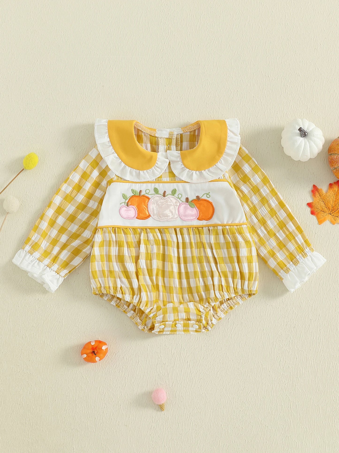 Adorable Toddler Girls Halloween Costume Pumpkin Embroidery Plaid Romper with Doll Collar and Long Sleeves for Infant Baby