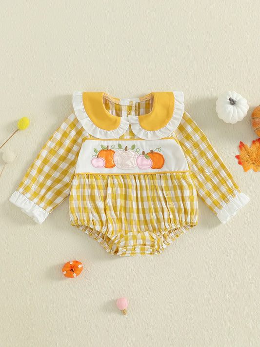 Adorable Toddler Girls Halloween Costume Pumpkin Embroidery Plaid Romper with Doll Collar and Long Sleeves for Infant Baby