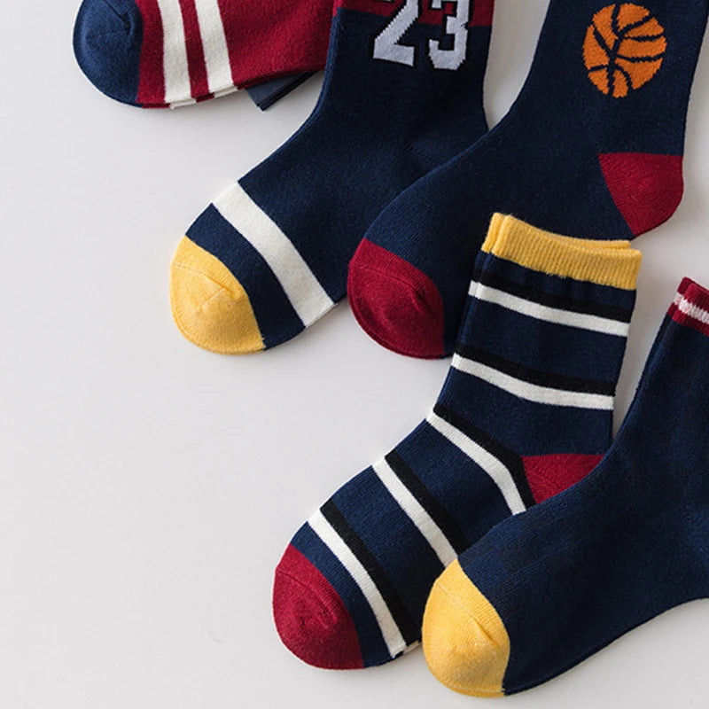5 Pairs Kids Boys Pure Cotton Socks Children Baby Toddler Sport Basketball Socks School Student Spring Autumn Soft Mid Tube Sock