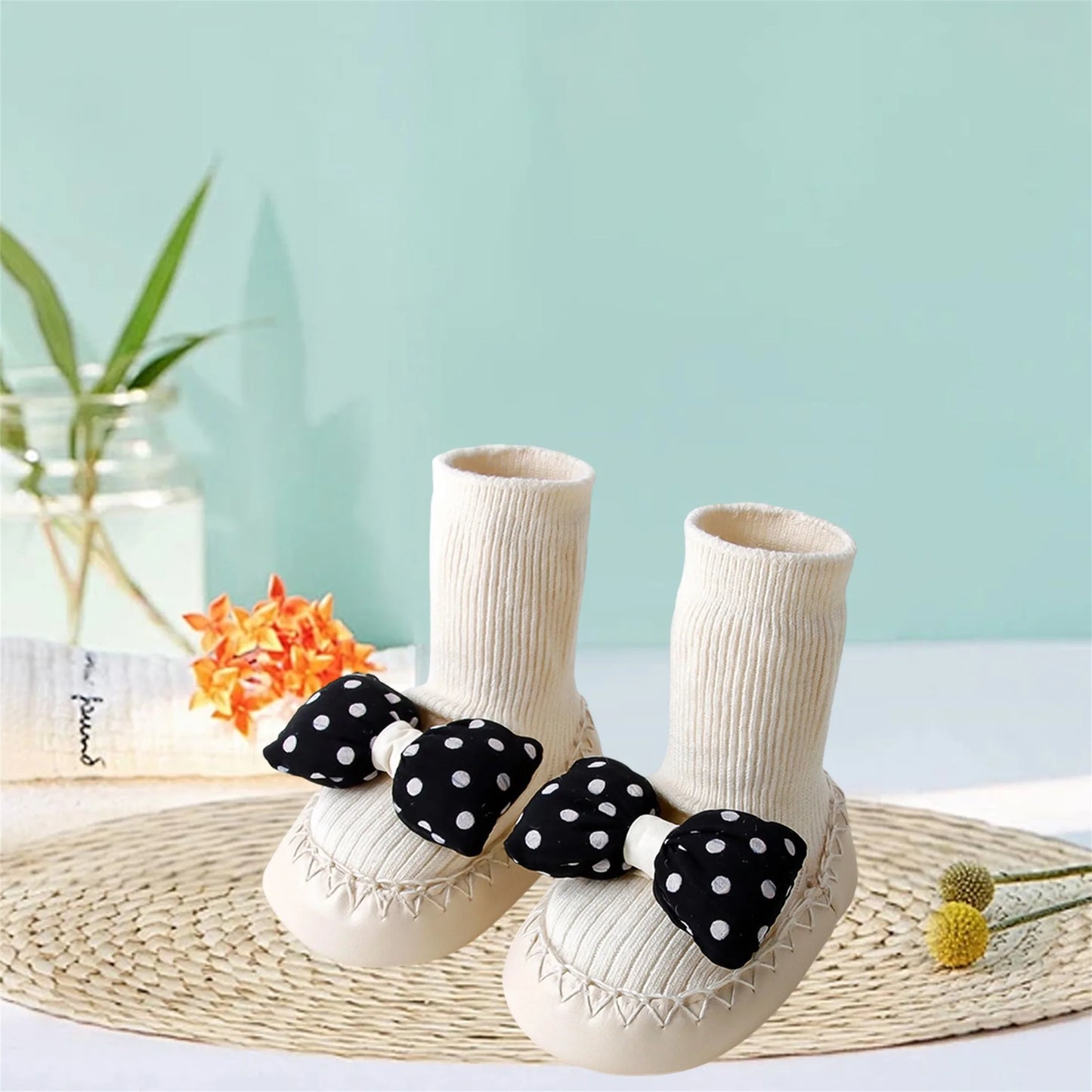 Toddler Girl Polka Dot Print Bow Slip-On Shoes with Non-Slip Sole and Cute Bootie Design for First Steps and Walking