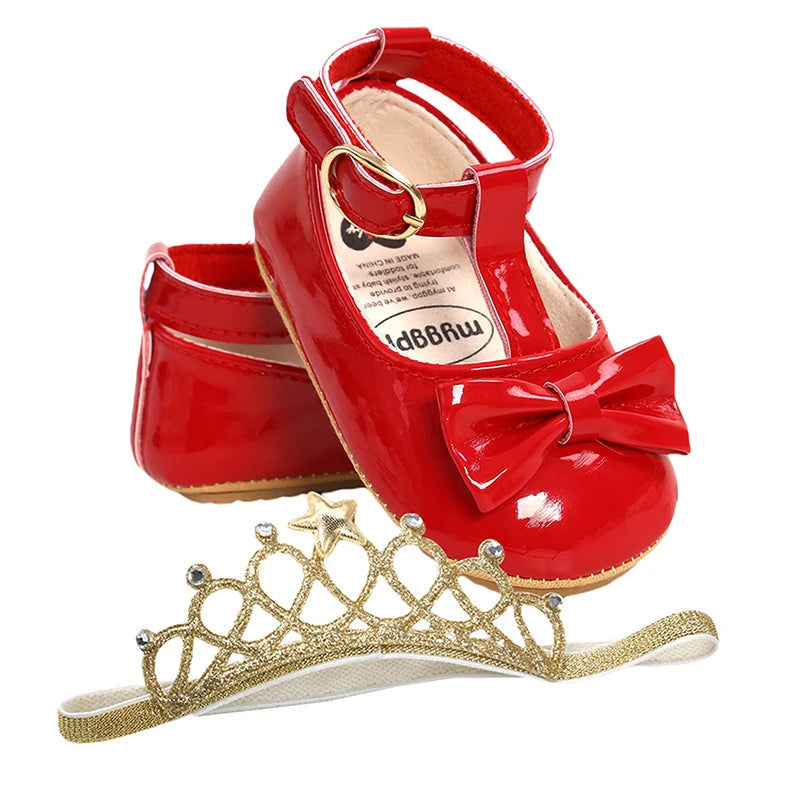 Cute Baby Girl s Glitter Sneakers with  Strap and Matching Bow Headband Set for Stylish Toddlers