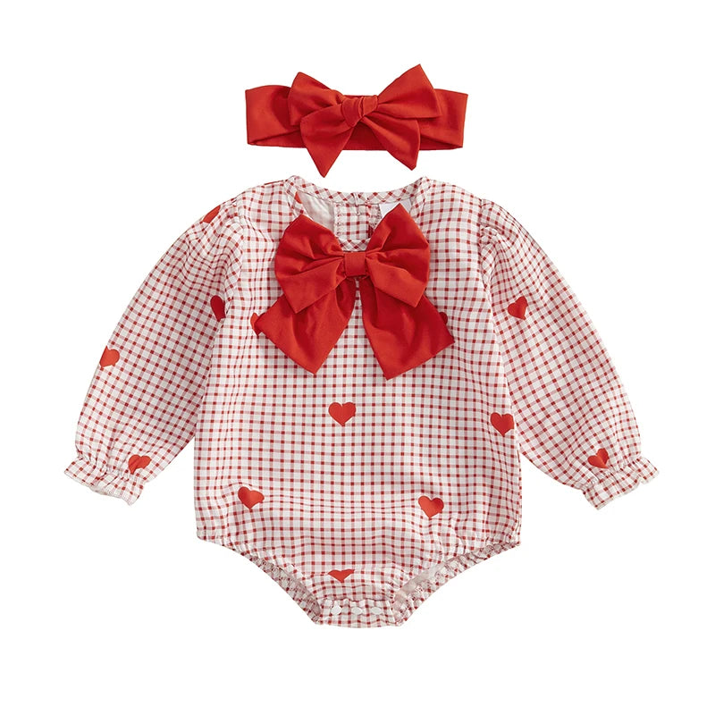 Toddler Girl Valentine s Day Outfit Heart Print Romper with Ruffle Sleeves and Matching Headband Set for Baby Girls