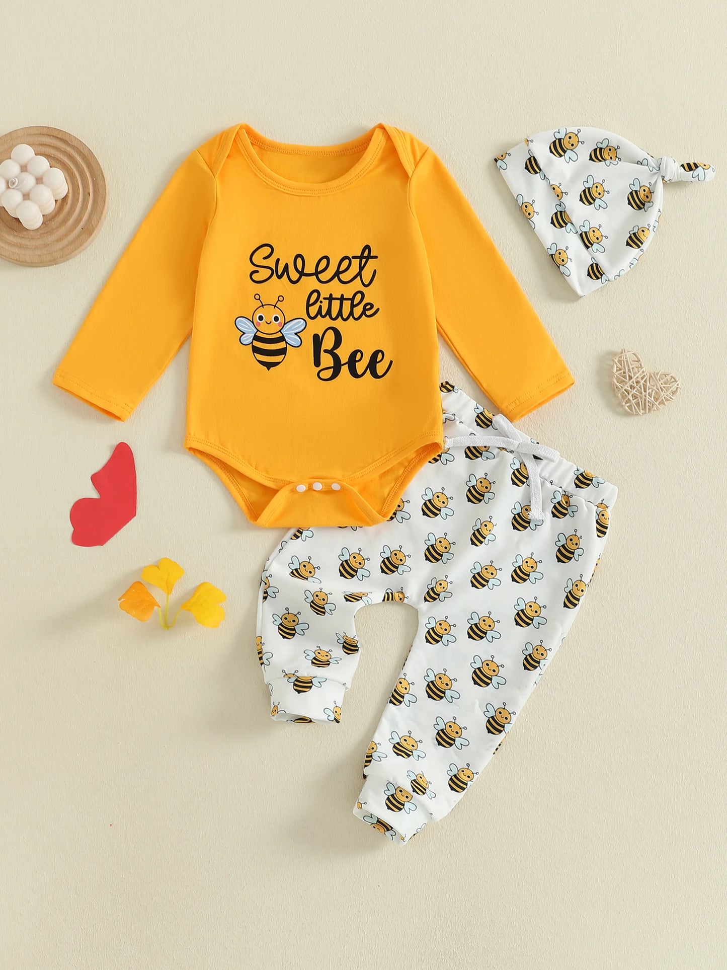 Autumn Baby Boy Girl Bee Costume Set with Long Sleeve Romper Elastic Waist Pants and Knotted Hat - 3 Piece Outfit