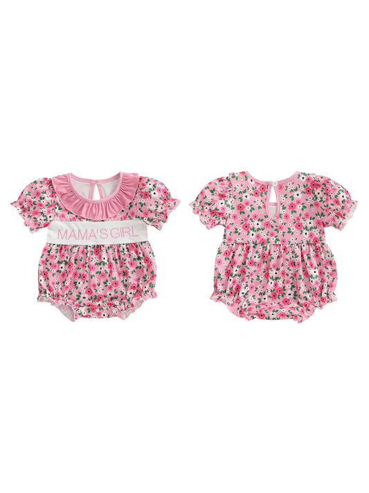 Adorable Baby Girls Rompers with Cute Letter Embroidery and Floral Print Featuring Ruffles and Round Neck Short Sleeve Infant