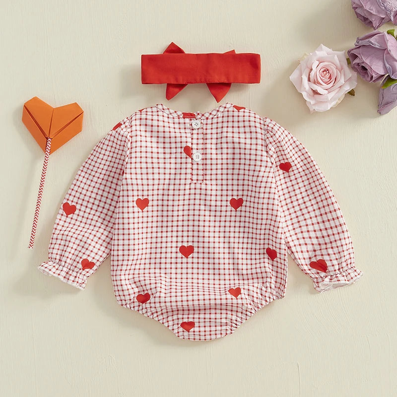 Toddler Girl Valentine s Day Outfit Heart Print Romper with Ruffle Sleeves and Matching Headband Set for Baby Girls