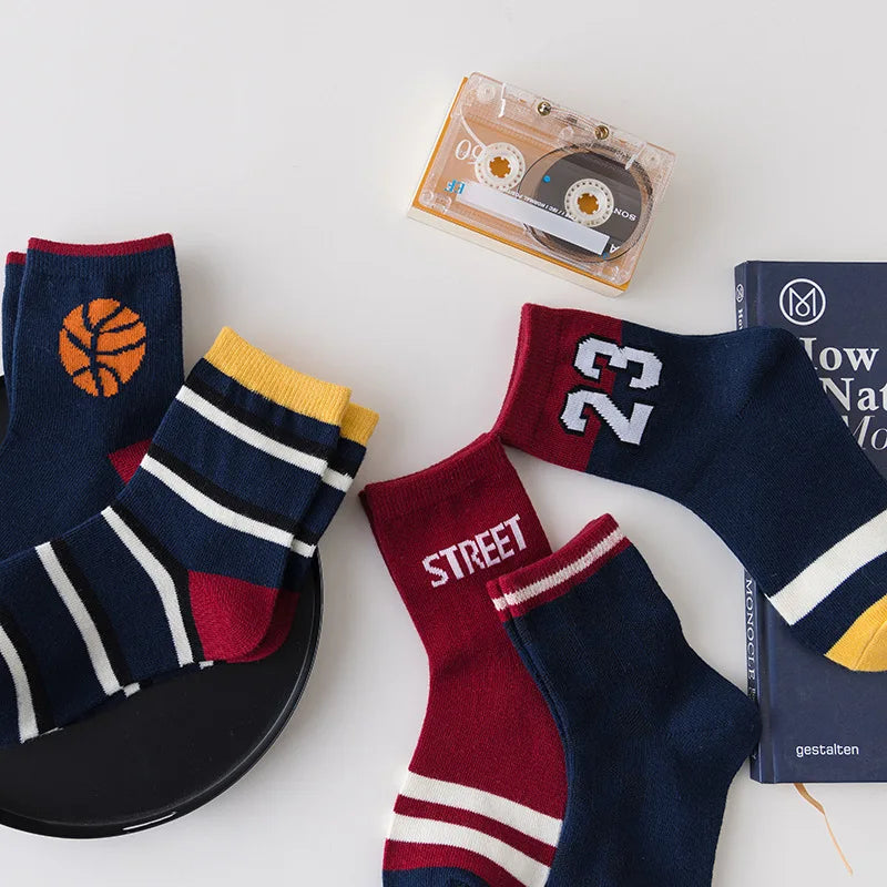 5 Pairs Kids Boys Pure Cotton Socks Children Baby Toddler Sport Basketball Socks School Student Spring Autumn Soft Mid Tube Sock